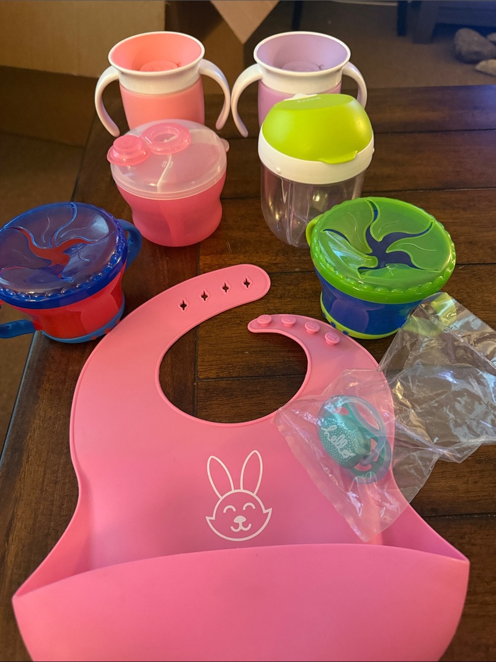 Unbranded Pink Silicone Baby Bib with Pink & Green Feeding Cups Set